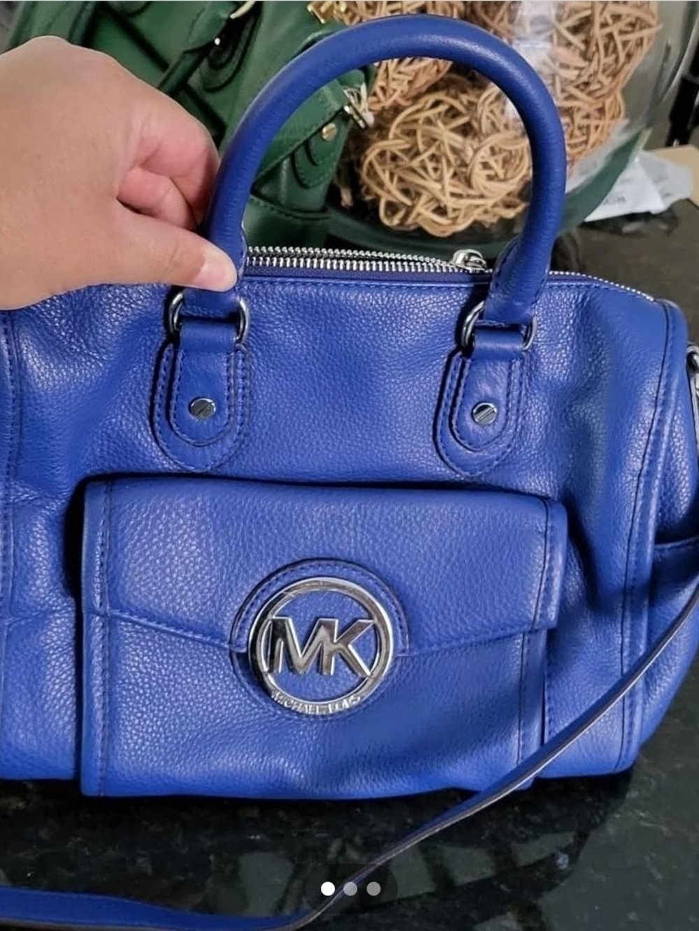 Michael Kors Cobalt Blue Pebbled Leather Satchel with Front MK Logo